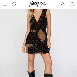 Nasty Gal Collection Black Velvet Lace Trim Paisley Floral Mini Dress US 12